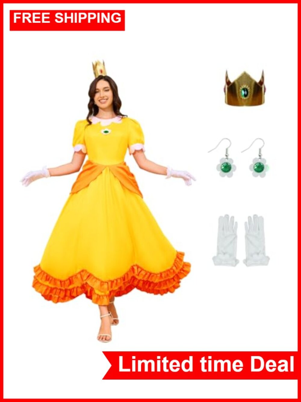 Women's Princess Costume Dress with Crown Earrings Gloves
